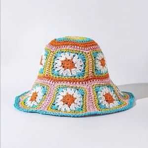Multi Bright Printed Floral Straw Crochet Hat OS New